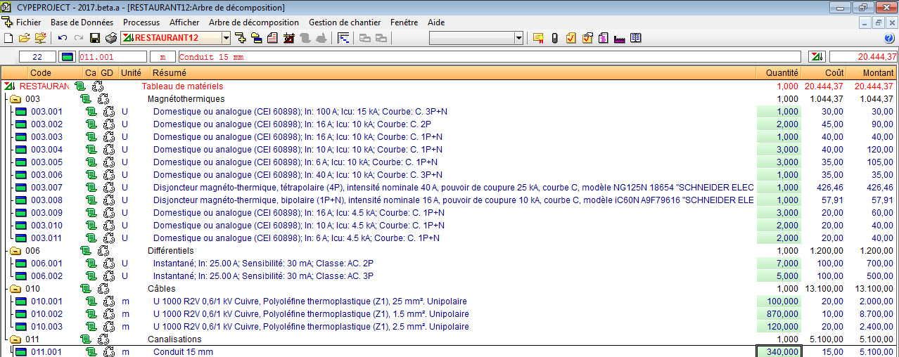 CYPELEC NF. Tableau de matériels en format bc3